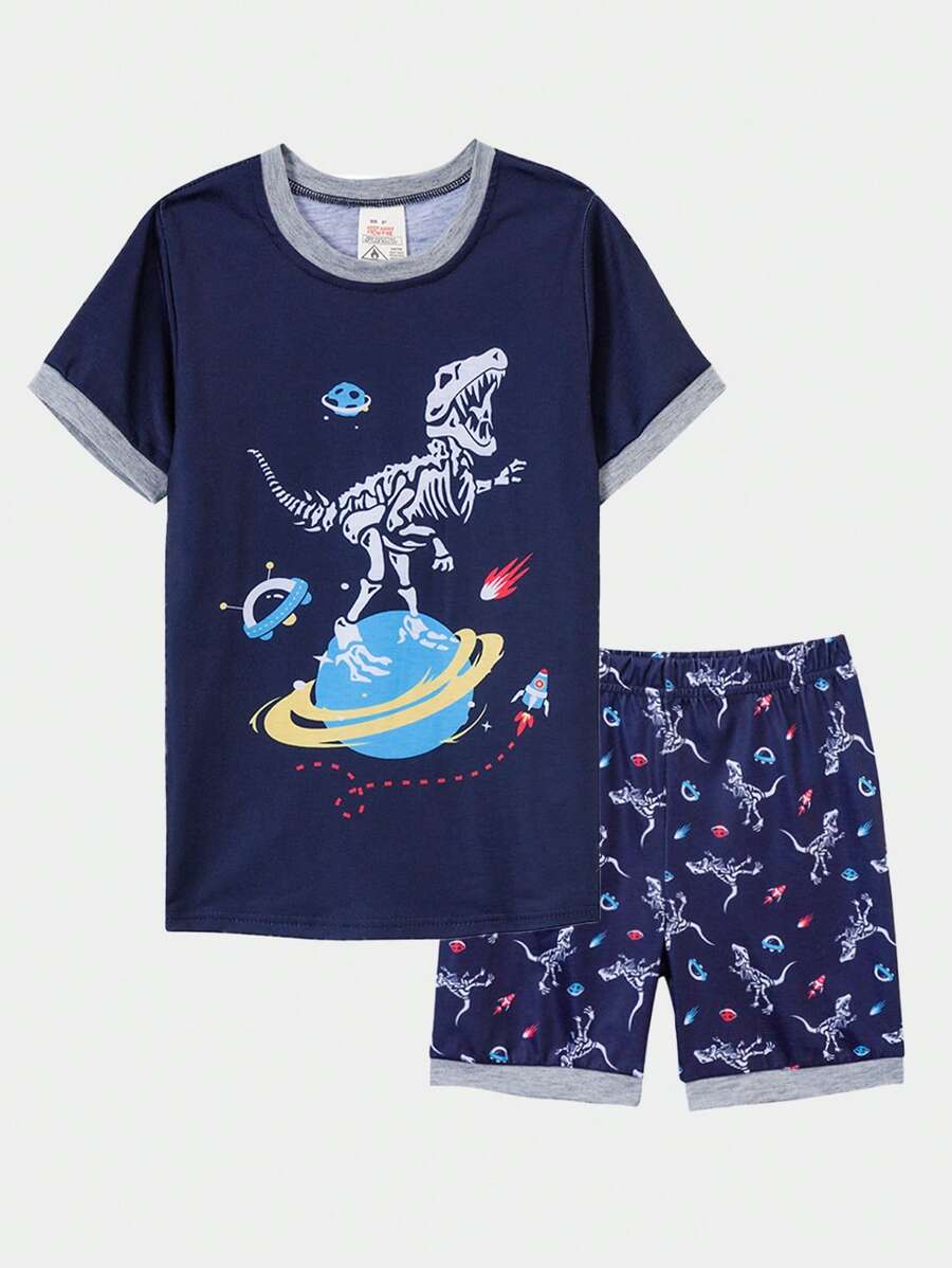 Boys Dinosaur Skeleton Print Contrast Trim Snug Fit PJ Set - Navy Blue - View 1