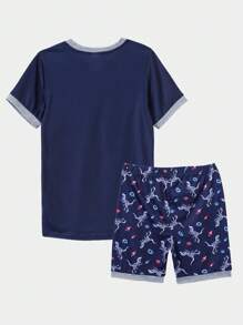 Boys Dinosaur Skeleton Print Contrast Trim Snug Fit PJ Set - Navy Blue - View 2