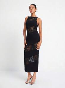 Yelly Gray Designer Contrast Lace Backless Dress,Summer Elegant Dress, For Holiday - Black - View 4