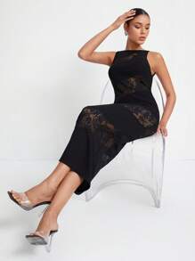 Yelly Gray Designer Contrast Lace Backless Dress,Summer Elegant Dress, For Holiday - Black - View 6