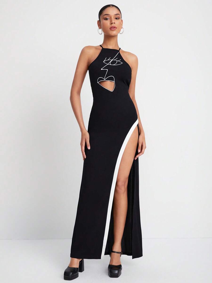 Mafiawearmx 人像圖案拼接邊高衩繞頸前鏤空連衣裙 - 黑色 - 查看 1