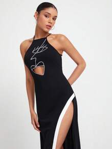 Mafiawearmx 人像圖案拼接邊高衩繞頸前鏤空連衣裙 - 黑色 - 查看 3