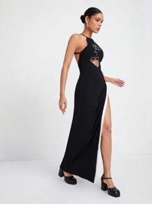 Mafiawearmx 人像圖案拼接邊高衩繞頸前鏤空連衣裙 - 黑色 - 查看 4