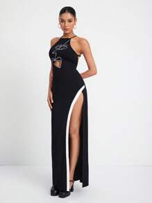 Mafiawearmx 人像圖案拼接邊高衩繞頸前鏤空連衣裙 - 黑色 - 查看 6