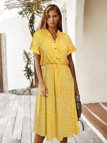 Breezaya Vestido camisero con estampado de cintura con cordón - Amarillo - Ver 1