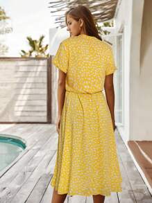 Breezaya Vestido camisero con estampado de cintura con cordón - Amarillo - Ver 2