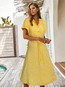 Breezaya Vestido camisero con estampado de cintura con cordón - Amarillo - Ver 3