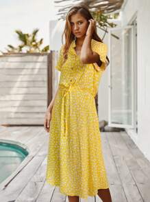 Breezaya Vestido camisero con estampado de cintura con cordón - Amarillo - Ver 5