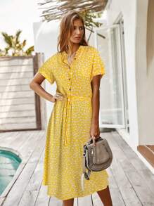 Breezaya Vestido camisero con estampado de cintura con cordón - Amarillo - Ver 6