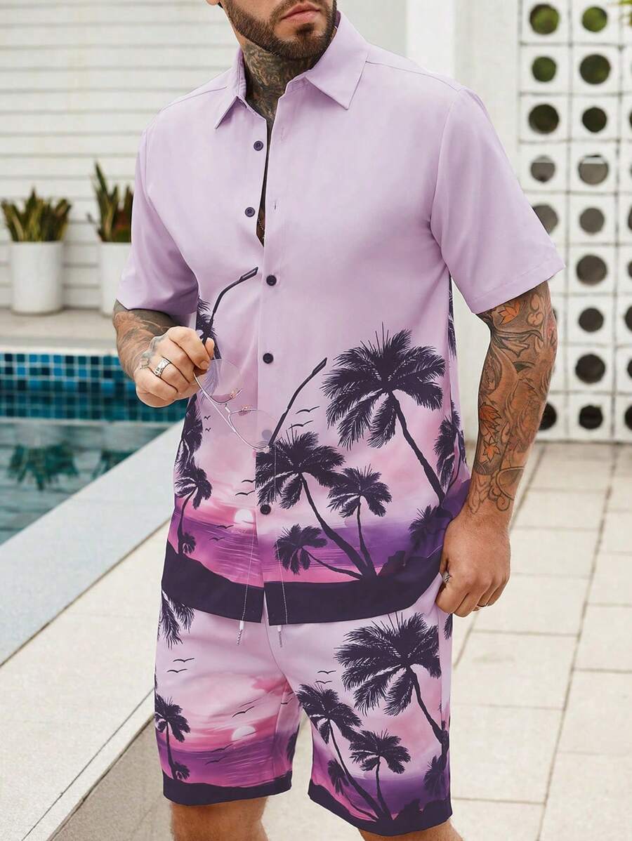 Manfinity RSRT Áo sơ mi in họa tiết nhiệt đới cho nam & quần đùi có dây rút ở thắt lưng - Màu Lilac Tím - Xem 1