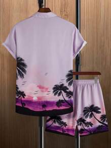 Manfinity RSRT Áo sơ mi in họa tiết nhiệt đới cho nam & quần đùi có dây rút ở thắt lưng - Màu Lilac Tím - Xem 2