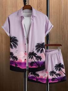 Manfinity RSRT Áo sơ mi in họa tiết nhiệt đới cho nam & quần đùi có dây rút ở thắt lưng - Màu Lilac Tím - Xem 4