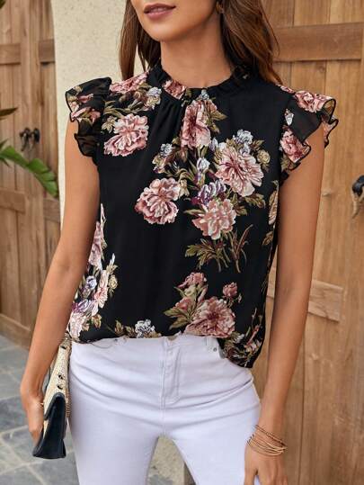 SHEIN Clasi Floral Print Ruffle Trim Mock Neck Ruched Front Blouse
