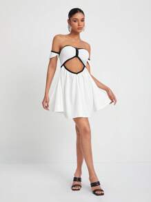 Cherry Bomb 撞色滾邊鏤空胸部褶皺連衣裙 - 白色 - 查看 6