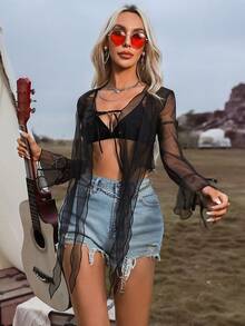 前繫帶荷葉袖網紗上衣不附胸罩 - 黑色 - 查看 3