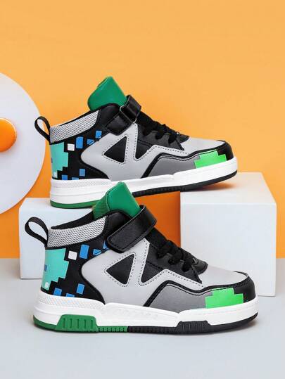 Kids Color Block Lace Up Hook-And-Loop Fastener Sporty Skate Shoes For Outdoor