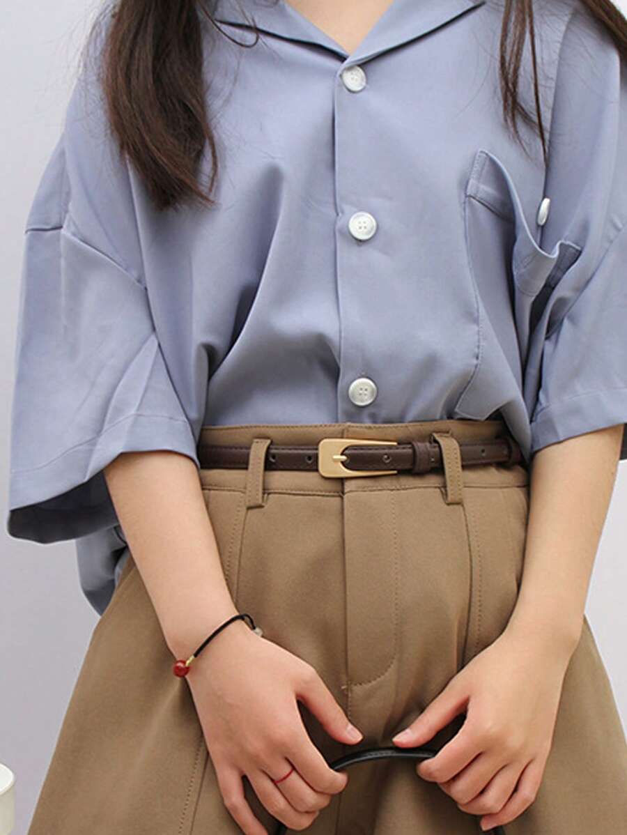 Metal Buckle Belt Summer, School - Coffee Brown - View 1