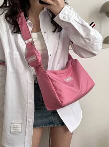 Letter Patch Decor Hobo Bag With Coin Purse Pink Pink , Women Bag With Dime Bag - Pink - View 3