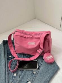 Letter Patch Decor Hobo Bag With Coin Purse Pink Pink , Women Bag With Dime Bag - Pink - View 5