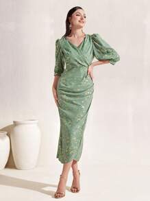 Modelyn Gold Ditsy Floral Print Puff Sleeve Ruched Side Dress - Mint Green - View 1
