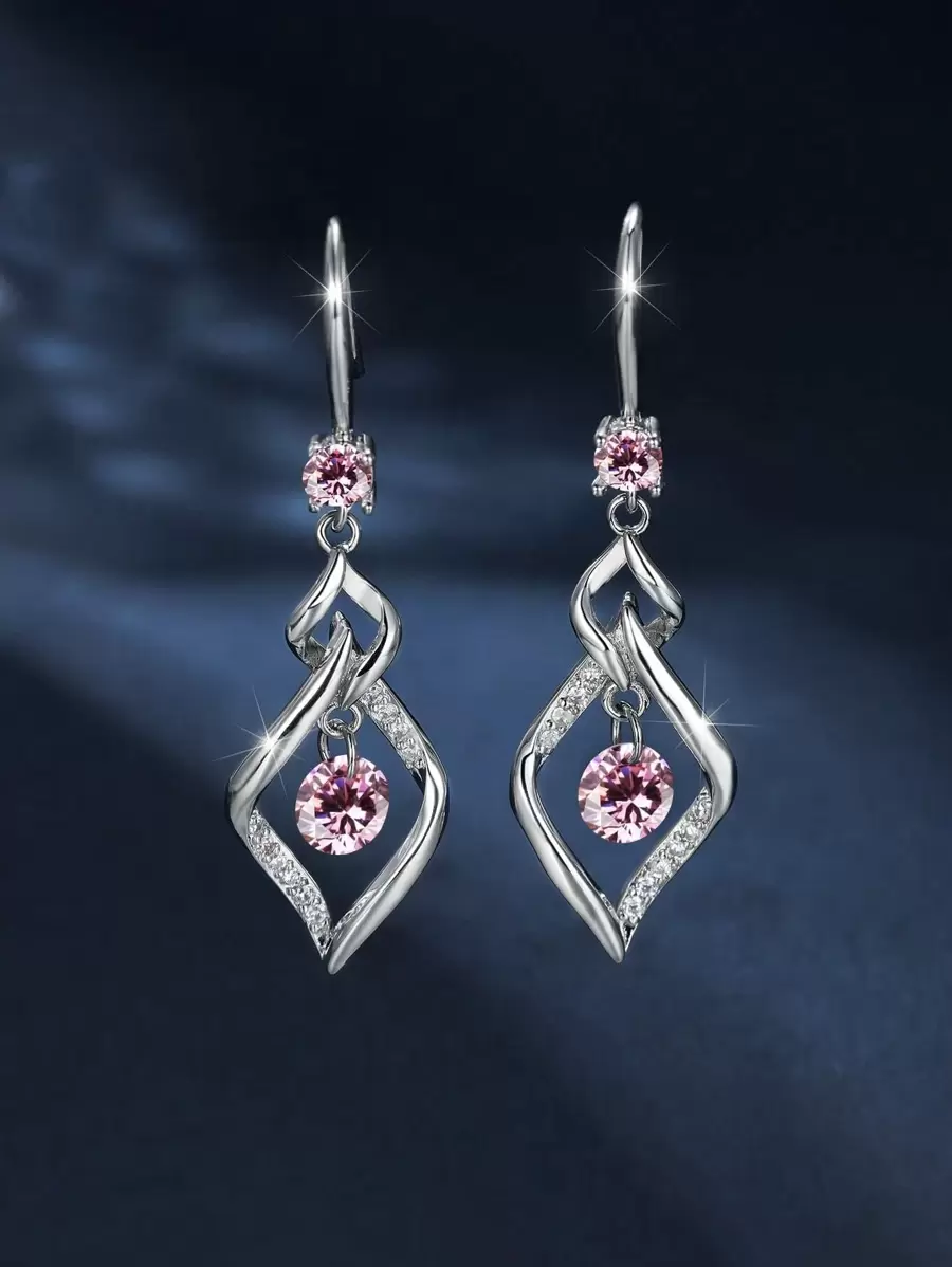Vanel 1pc Elegant & Sparkly Drop Earrings For Women's Dating or Wedding - Pink - View 1