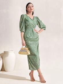 Modelyn Gold Ditsy Floral Print Puff Sleeve Ruched Side Dress - Mint Green - View 6