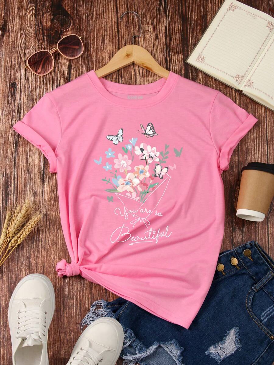 SHEIN LUNE Floral And Slogan Graphic Tee - Pink - View 1