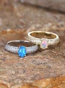 1入組橢圓形合成蛋白石銅戒指帶四爪鑲嵌和方晶鋯石細節適合女士首飾奢華約會之夜配飾 - 藍色 - 查看 1