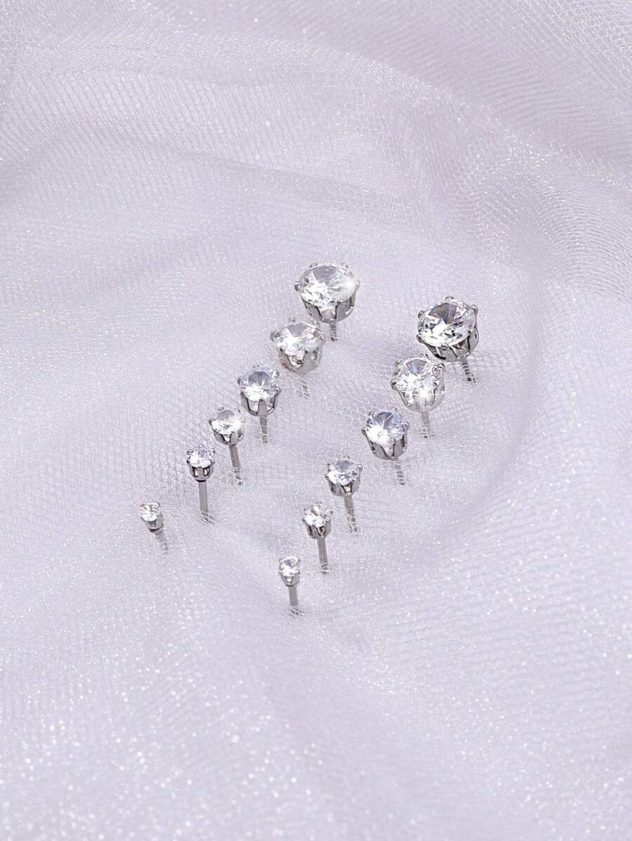 12 cái/bộ Bông tai đính đá Zirconia - Bạc - Xem 1