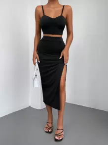 EURMUSE Solid Cami Top & Split Thigh Skirt - Black - View 1