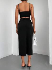 EURMUSE Solid Cami Top & Split Thigh Skirt - Black - View 2
