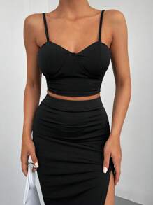 EURMUSE Solid Cami Top & Split Thigh Skirt - Black - View 5
