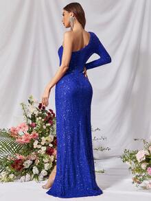 Faeriesty Đầm sequin xẻ cao, cổ lệch, thanh lịch và quyến rũ dành cho nữ - Hoàn hảo cho các sự kiện thảm đỏ, dạ hội của người nổi tiếng, tiệc cưới, vũ hội đêm khuya, trang phục dự đám cưới, váy dạ hội và váy cocktail, cũng như trang phục nghỉ hè. - Xanh đậm - Xem 2