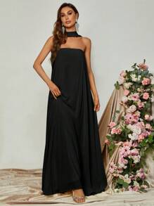Solid Choker Neck Maxi Dress - Black - View 5