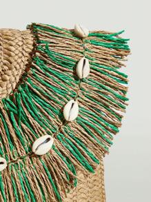 SHEIN VCAY 流蘇裝飾手拿包貝殼細節翻蓋方包 - 綠色 - 查看 4