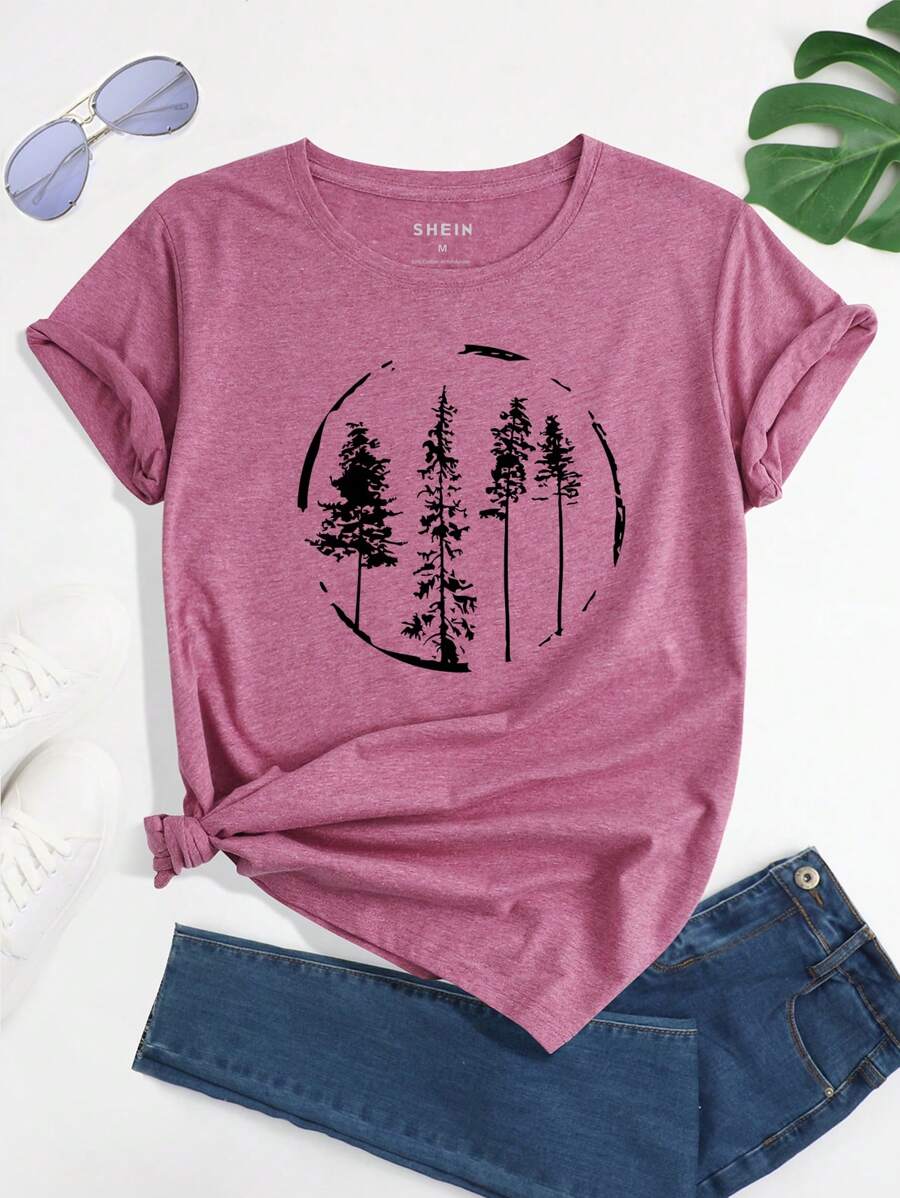 SHEIN LUNE 植物圖案T恤 - 藕粉色 - 查看 1