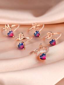 1入組女士簡單字母AZ螺紋心形方晶鋯石手鐲戒指約會首飾禮物 - 玫瑰金 - 查看 1