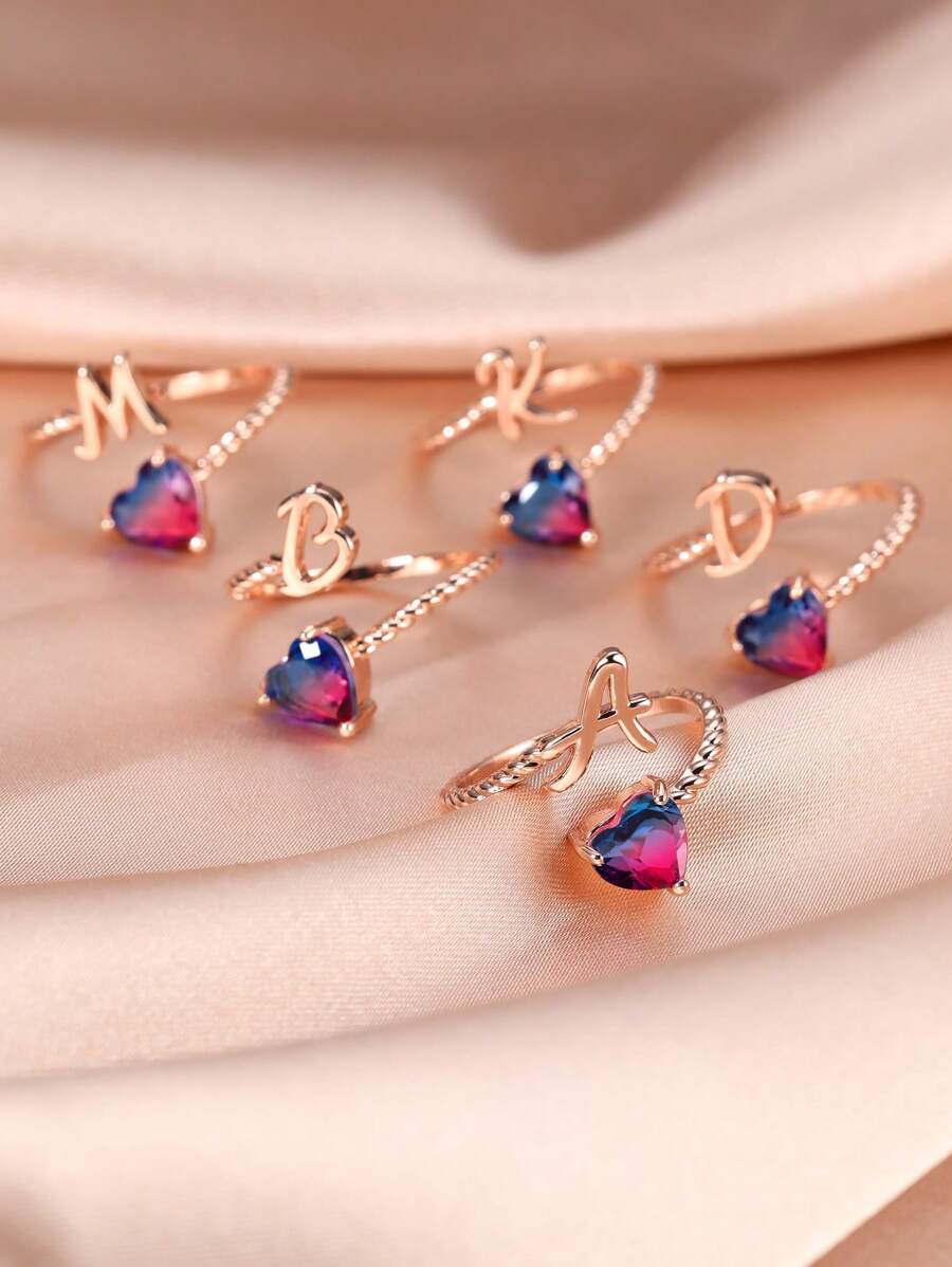 1入組女士簡單字母AZ螺紋心形方晶鋯石手鐲戒指約會首飾禮物 - 玫瑰金 - 查看 1