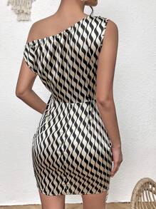 Calvaya Allover Print Asymmetrical Neck Wrap Hem Dress Satin Women Outfit