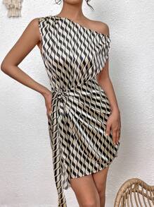 Calvaya Allover Print Asymmetrical Neck Wrap Hem Dress Satin Women Outfit