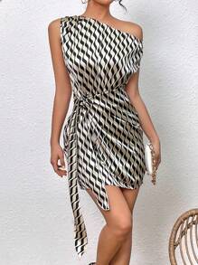 Calvaya Allover Print Asymmetrical Neck Wrap Hem Dress Satin Women Outfit