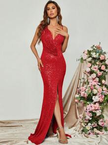 高衩亮片正式連衣裙 - 紅色 - 查看 1