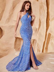 One Shoulder Cut Out Split Thigh Sequin Formal Dress - Blue - View 3