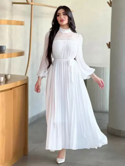 Modelyn Mock Neck Lantern Sleeve Belted Pleated Hem Dress Long Evening Dresses