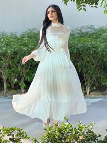 Modelyn 高领灯笼袖系带百褶下摆连衣裙长款晚礼服 - 白色 - 查看 4