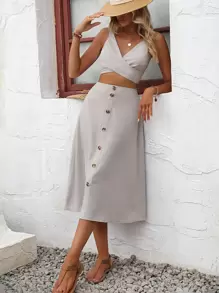 SHEIN VCAY 素色短款背心和紐扣細節半身裙 - 淺灰色 - 查看 1