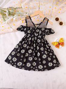 SHEIN 小女童印花嵌入網紗挖肩荷葉邊連衣裙 - 黑色 - 查看 2