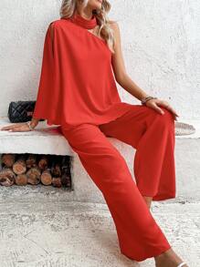 SHEIN LUNE 不對稱領蝙蝠袖上衣和闊腿褲 - 亮橙色 - 查看 3