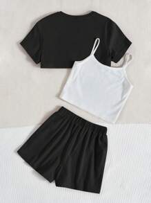 SHEIN Leap Crew Bộ hai mảnh Gái Gân đan Tim Lá thư Giải trí - màu đen - Xem 2
