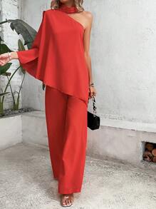 SHEIN LUNE 不對稱領蝙蝠袖上衣和闊腿褲 - 亮橙色 - 查看 5